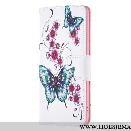 Leren Hoesje iPhone 16 Plus Bloemen En Vlinders Bescherming Hoesje