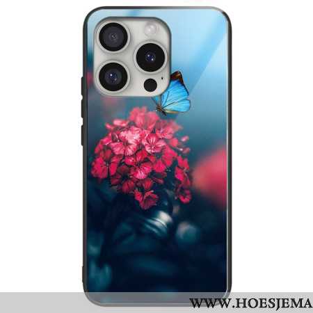 Hoesje iPhone 16 Pro Max Bloemen Van Gehard Glas En Blauwe Vlinder Bescherming Hoesje