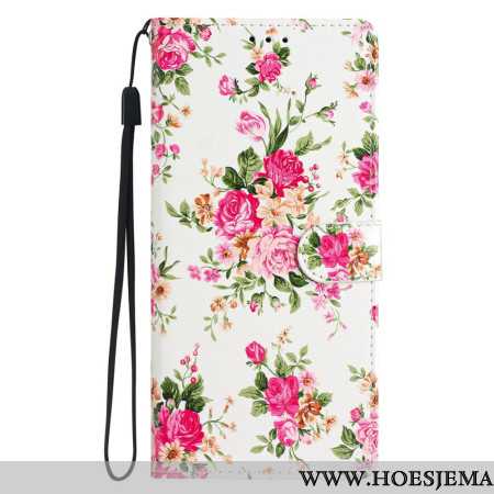 Leren Hoesje iPhone 16 Pro Max Rode Bloemen Met Riem Bescherming Hoesje