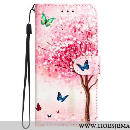 Leren Hoesje iPhone 16 Pro Max Kersenbloesemboom Met Riem Bescherming Hoesje