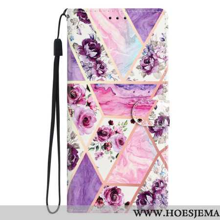 Leren Hoesje iPhone 16 Pro Max Paarse Bloemen Met Riempje Bescherming Hoesje