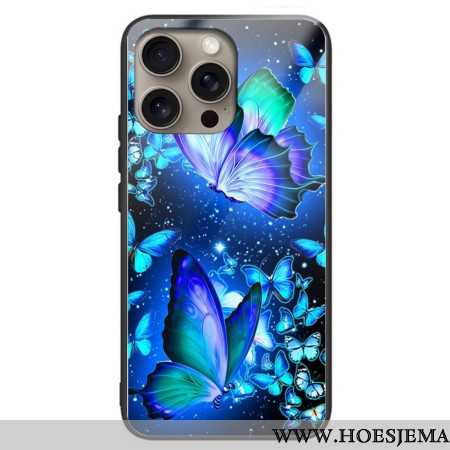 Hoesje iPhone 16 Pro Max Blauwe Vlinders Van Gehard Glas