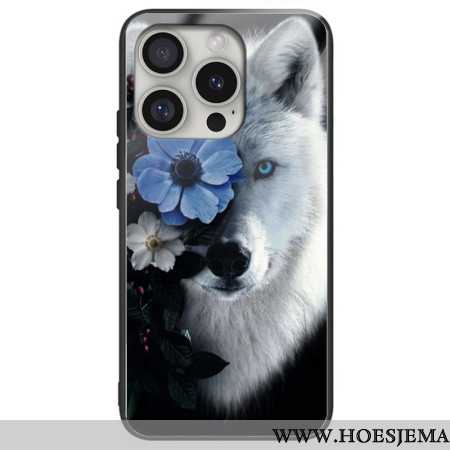 Hoesje iPhone 16 Pro Max Wolf En Blauwe Bloem Gehard Glas