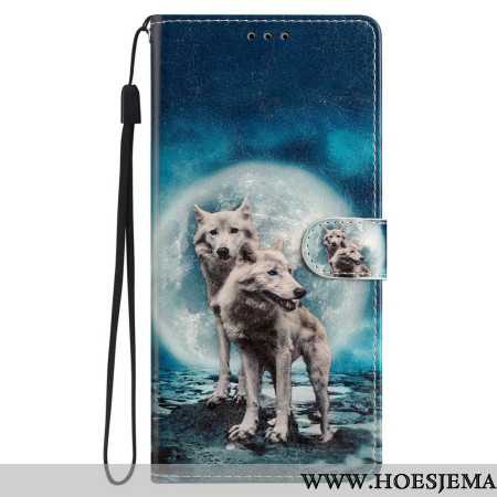 Leren Hoesje iPhone 16 Pro Max Twee Wolven Met Riemen Bescherming Hoesje