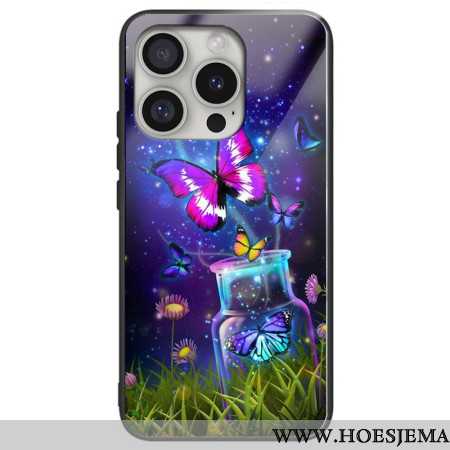 Cover Hoesje iPhone 16 Pro Max Telefoonhoesje Fles Van Gehard Glas En Vlinders