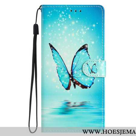 Leren Hoesje Voor iPhone 16 Pro Max Blauwe Vlinder Op Water Met Riem