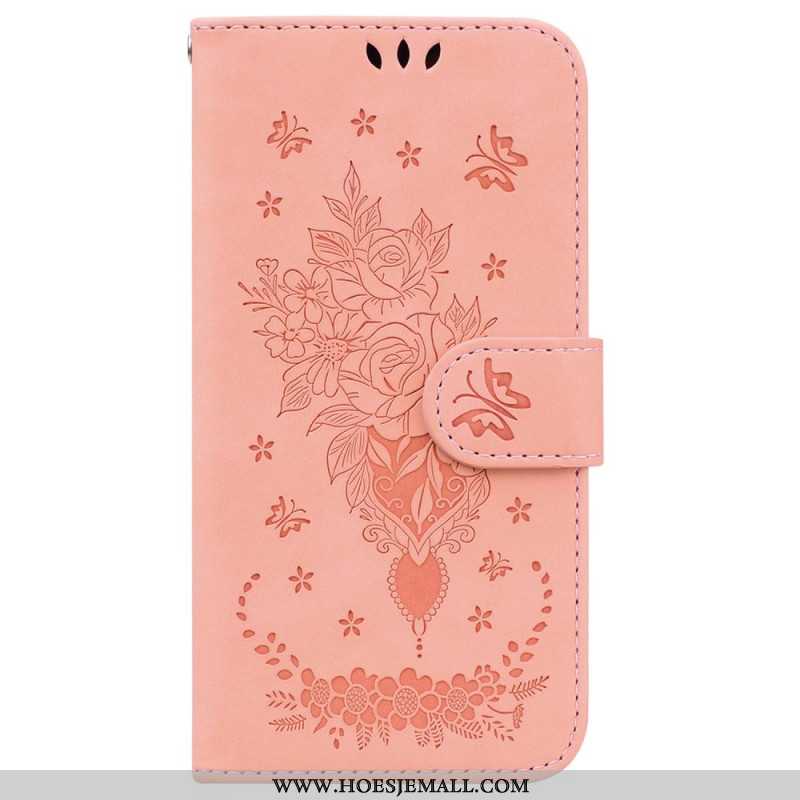 Leren Hoesje iPhone 16 Pro Rozenpatroon Met Bandje Bescherming Hoesje