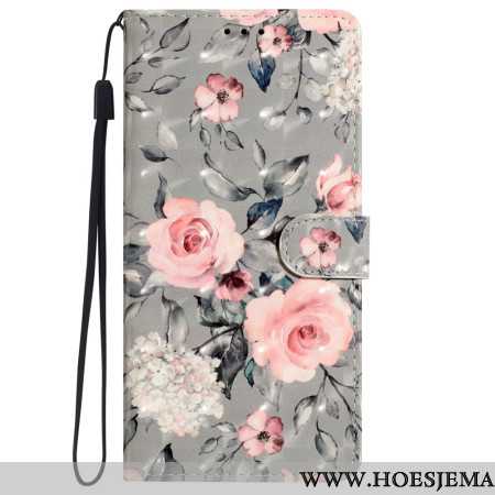 Bescherming Hoesje iPhone 16 Pro Roze Bloemen Op Grijze Achtergrond Met Riempje