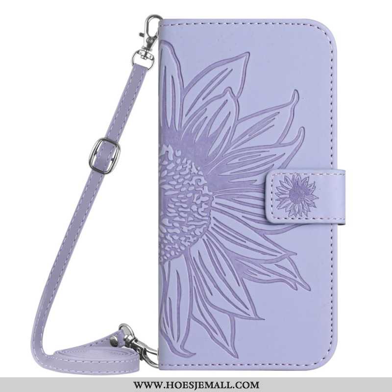 Leren Hoesje iPhone 16 Pro Zonnebloemprint Met Schouderband Bescherming Hoesje