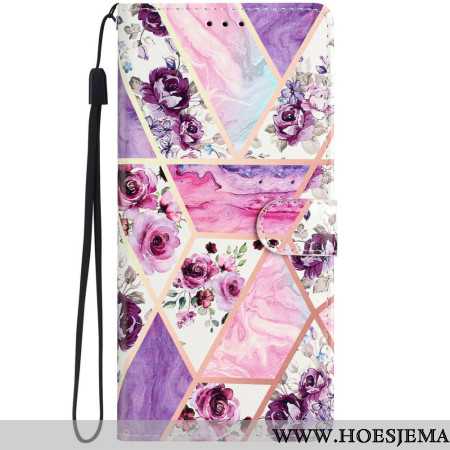 Folio-hoesje iPhone 16 Pro Telefoonhoesje Paarse Bloemen Met Riempje