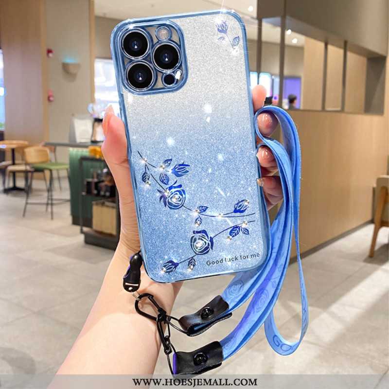 Case Hoesje iPhone 16 Pro Telefoonhoesje Bloemen En Strasssteentjes Met Bandjes Kadem