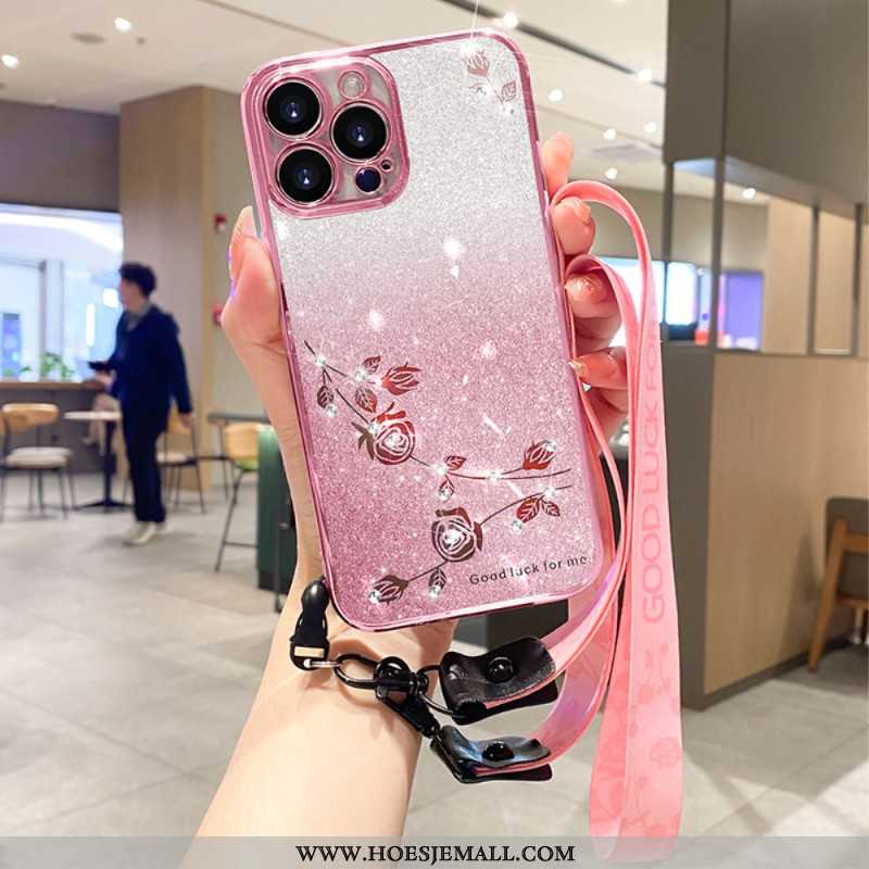 Case Hoesje iPhone 16 Pro Telefoonhoesje Bloemen En Strasssteentjes Met Bandjes Kadem