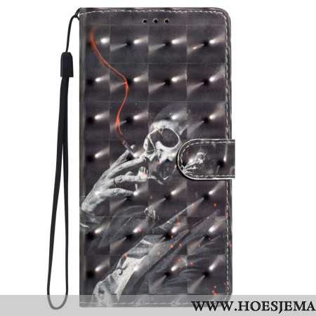 Leren Hoesje Voor iPhone 16 Pro Rokend Skelet Met Riem