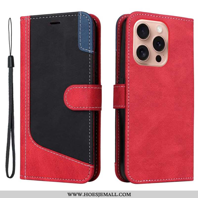 Leren Hoesje Voor iPhone 16 Pro Driekleur Met Riem