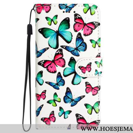 Leren Hoesje iPhone 16 Vlinderpatroon Met Riempje Bescherming Hoesje