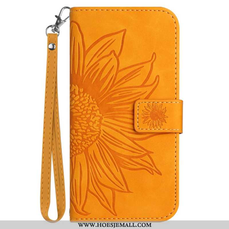 Leren Hoesje Voor iPhone 16 Zonnebloemprint Met Riempje