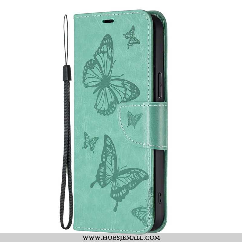 Leren Hoesje iPhone 16 Lanyard Vlinders